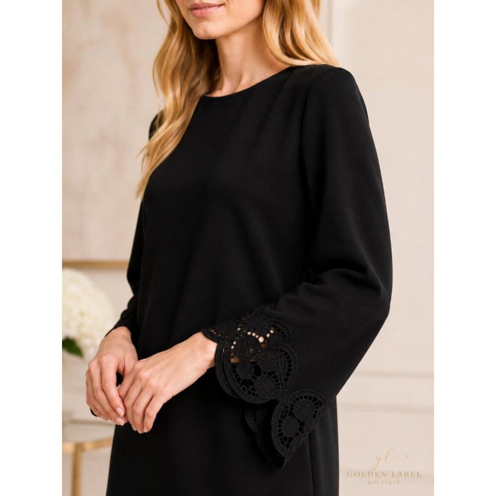 London Times Petite PXL Black Scuba Shift Dress Embroidered Sleeve NWT - Picture 7 of 8